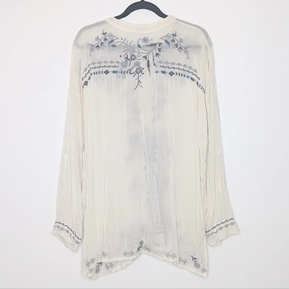 Johnny Was Floral Embroidered Tunic Top Cream Blue Grey Large - Picture 3 of 8